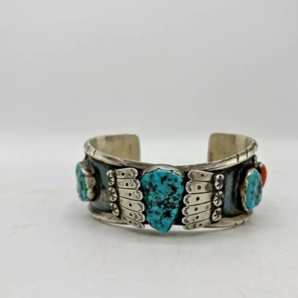 Vintage ML Native‎ American Navajo Zuni Silver Turquoise Coral Cuff Bracelet - Picture 10 of 14